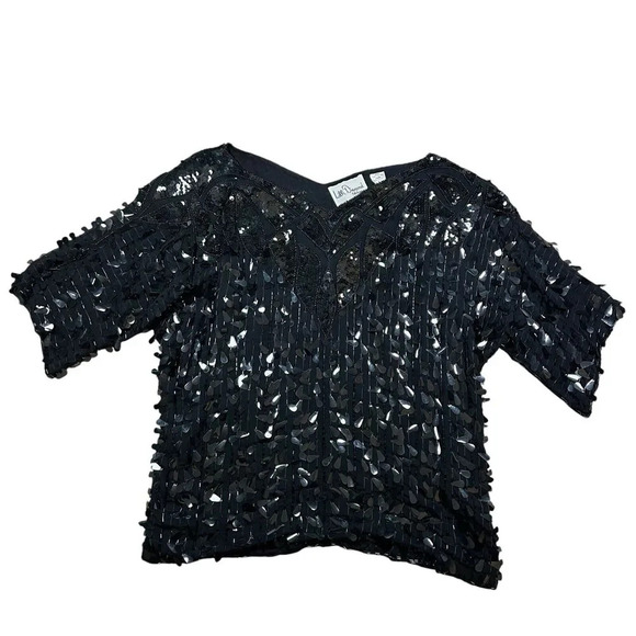 Vintage Lilli Diamond Black Sequin V Neck Silk Blouse Short Sleeve Size Medium - Picture 1 of 8